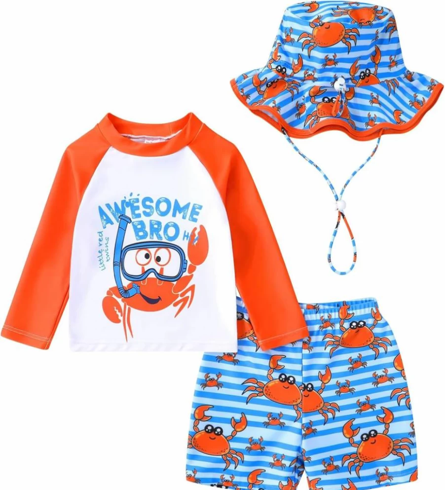 Eaerobc Boys' Long Sleeve Rash Guard Swimsuits with Sun Hat - Cute Cartoon Animal Print Baby Swimwear for Toddlers