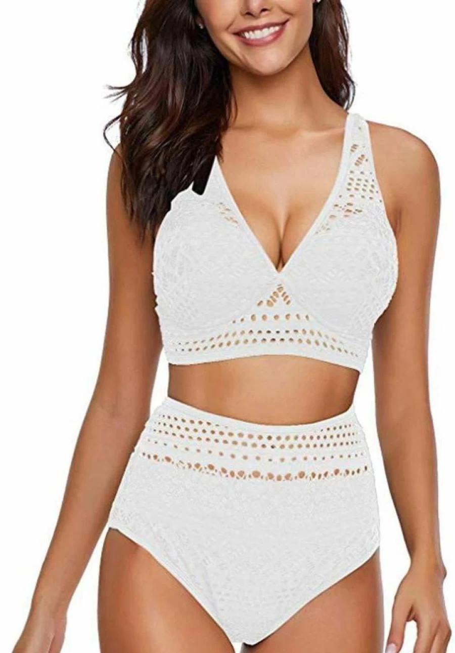 FKSESG Women's Crochet Lace High Waist Bikini Set - V Neck Two Piece Swimsuit for Summer Beach Vacation