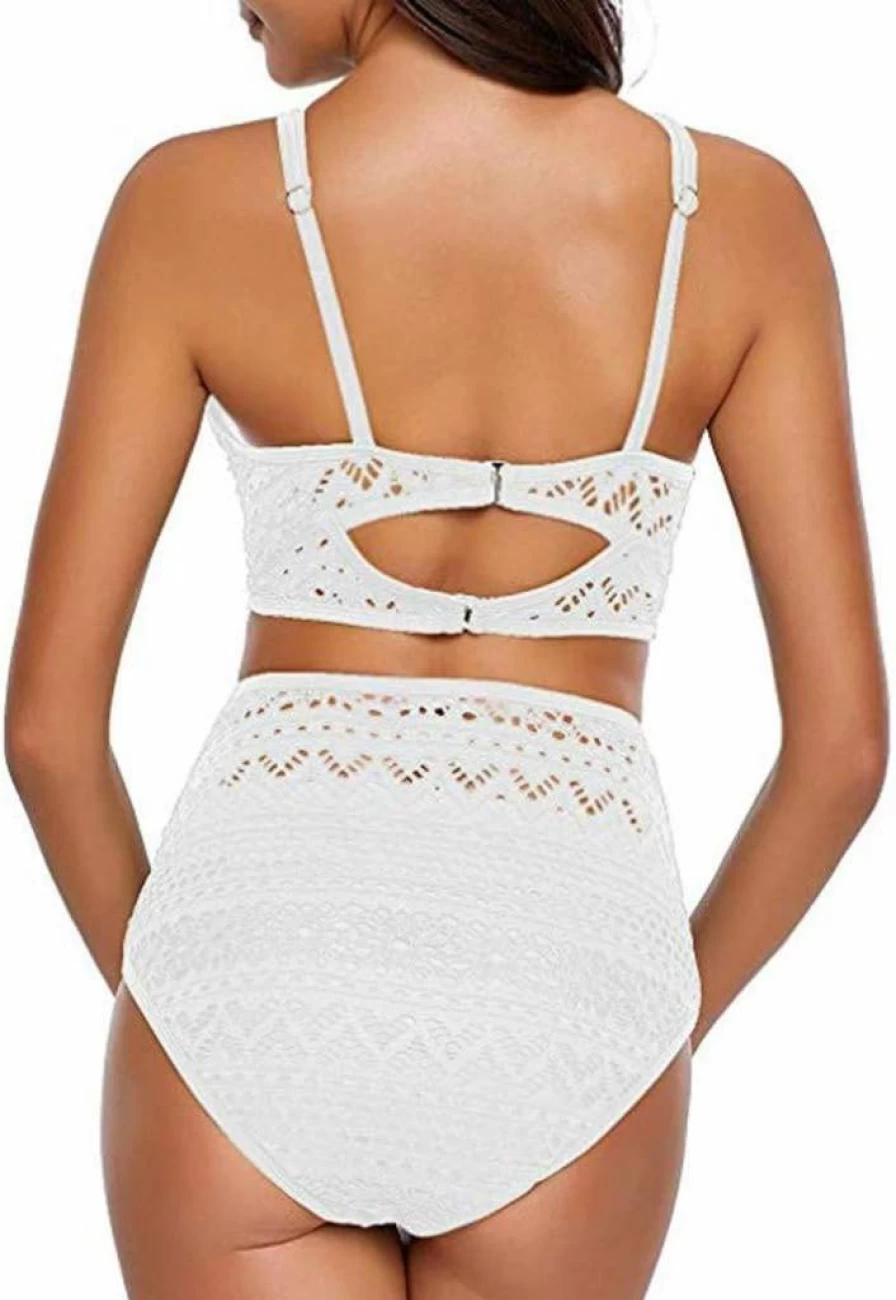 FKSESG Women's Crochet Lace High Waist Bikini Set - V Neck Two Piece Swimsuit for Summer Beach Vacation
