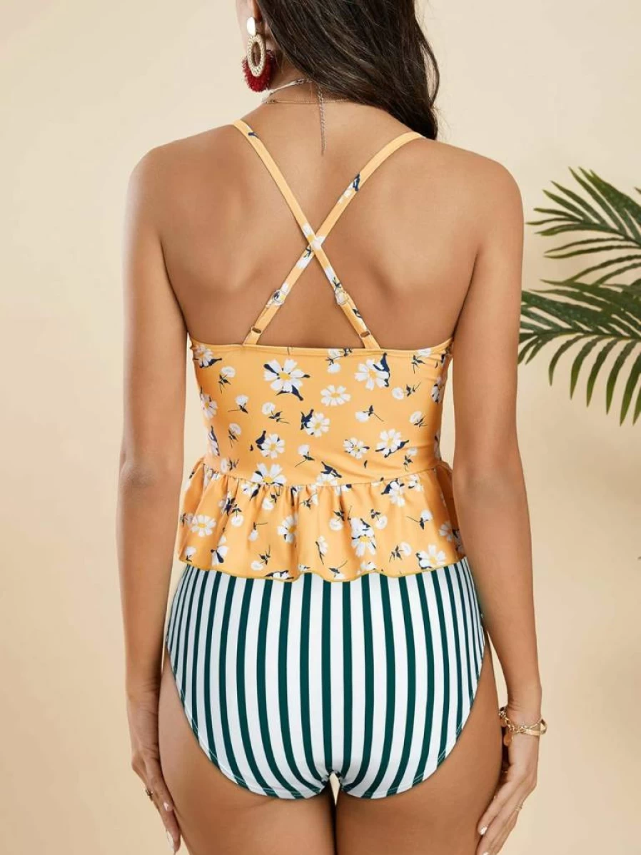 Tutorutor Women's Floral Print High Waisted Bikini Set - Peplum Tankini Top with Ruffle Detail & Halter Neck 2 Piece Swimsuit