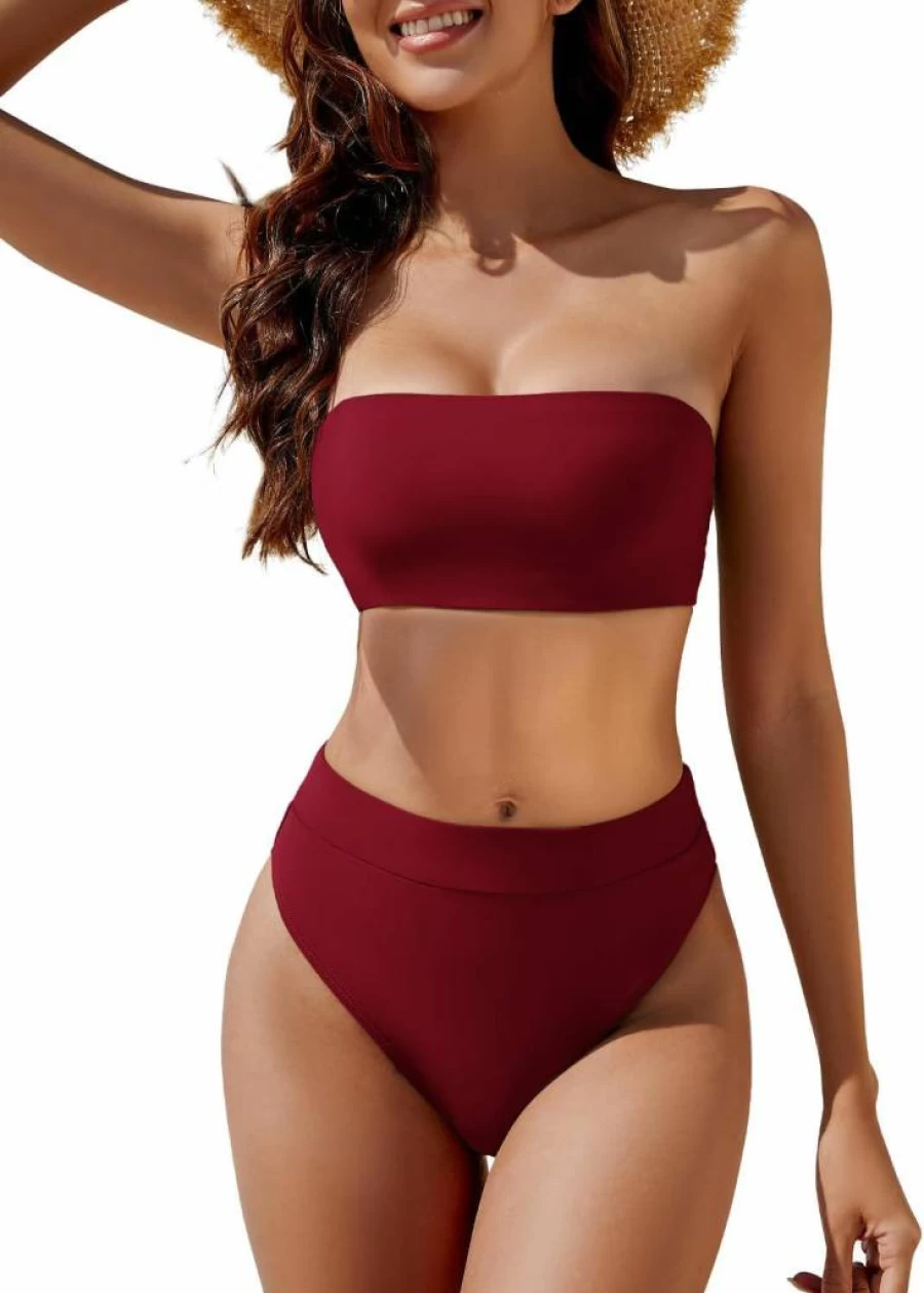 YACUN Women's Strapless Bandeau High Waist Bikini Set - Cheeky Two Piece Swimsuit for Beach & Pool