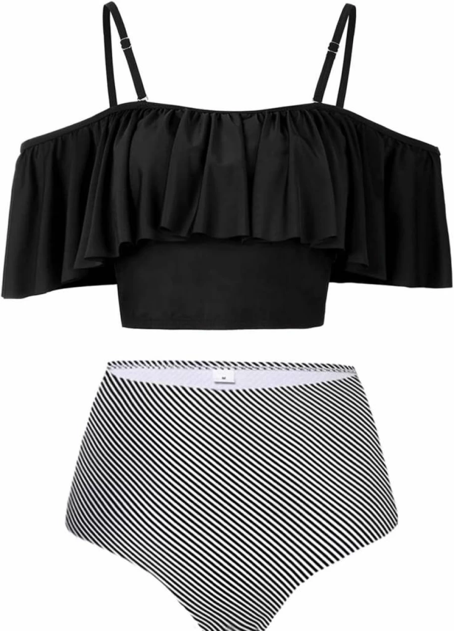 Kaei&Shi Women's Off Shoulder High Waisted Bikini Set - Tummy Control Flounce Swimwear for Beach & Pool