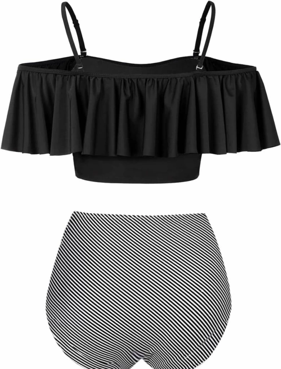 Kaei&Shi Women's Off Shoulder High Waisted Bikini Set - Tummy Control Flounce Swimwear for Beach & Pool