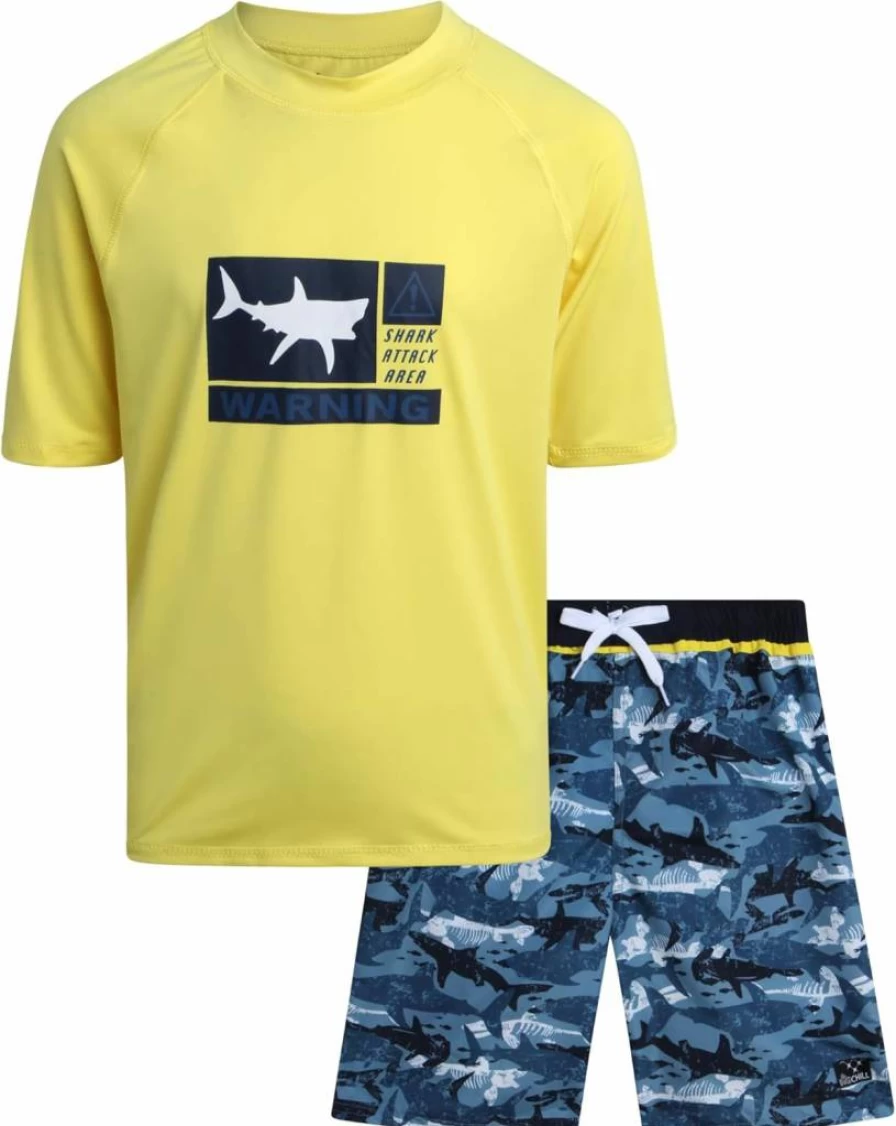Big Chill Boys UPF 50+ Sun Protection Swim Set - 2 Piece Rash Guard & Swim Trunks Quick Dry Set (Sizes 4-14)