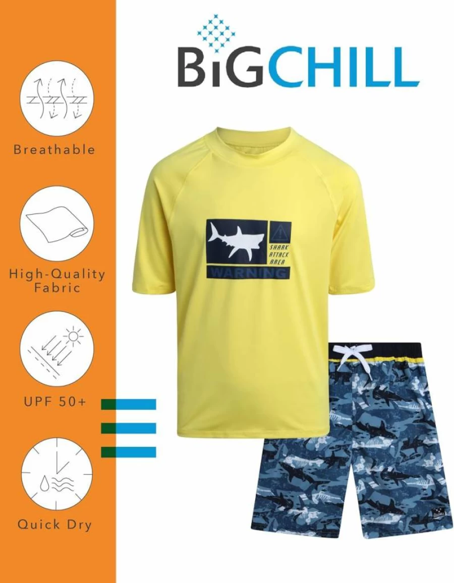 Big Chill Boys UPF 50+ Sun Protection Swim Set - 2 Piece Rash Guard & Swim Trunks Quick Dry Set (Sizes 4-14)