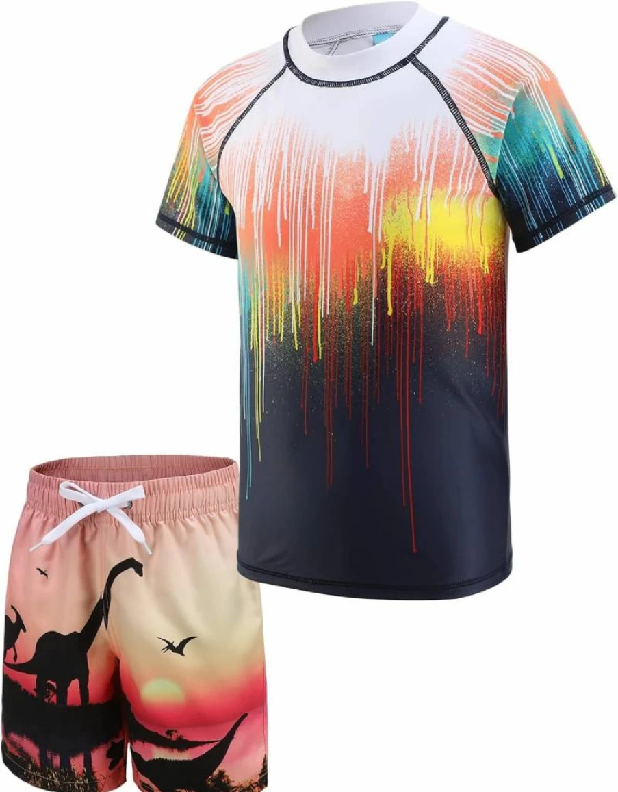 Zestonie Boys 2-Piece Quick Dry Swim Set - Short Sleeve Rash Guard & Swim Trunks for Kids