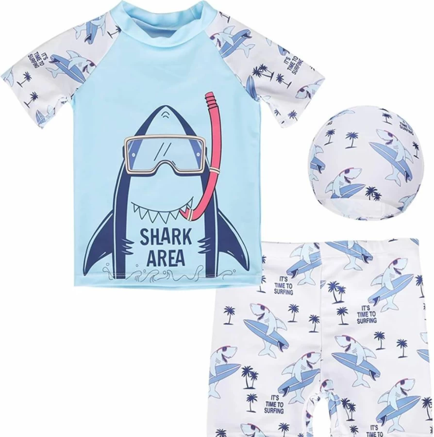 YAGATA Boys 3-Piece Swim Set - Toddler Rash Guard, Swim Shirt & Trunks for Summer Beach Play