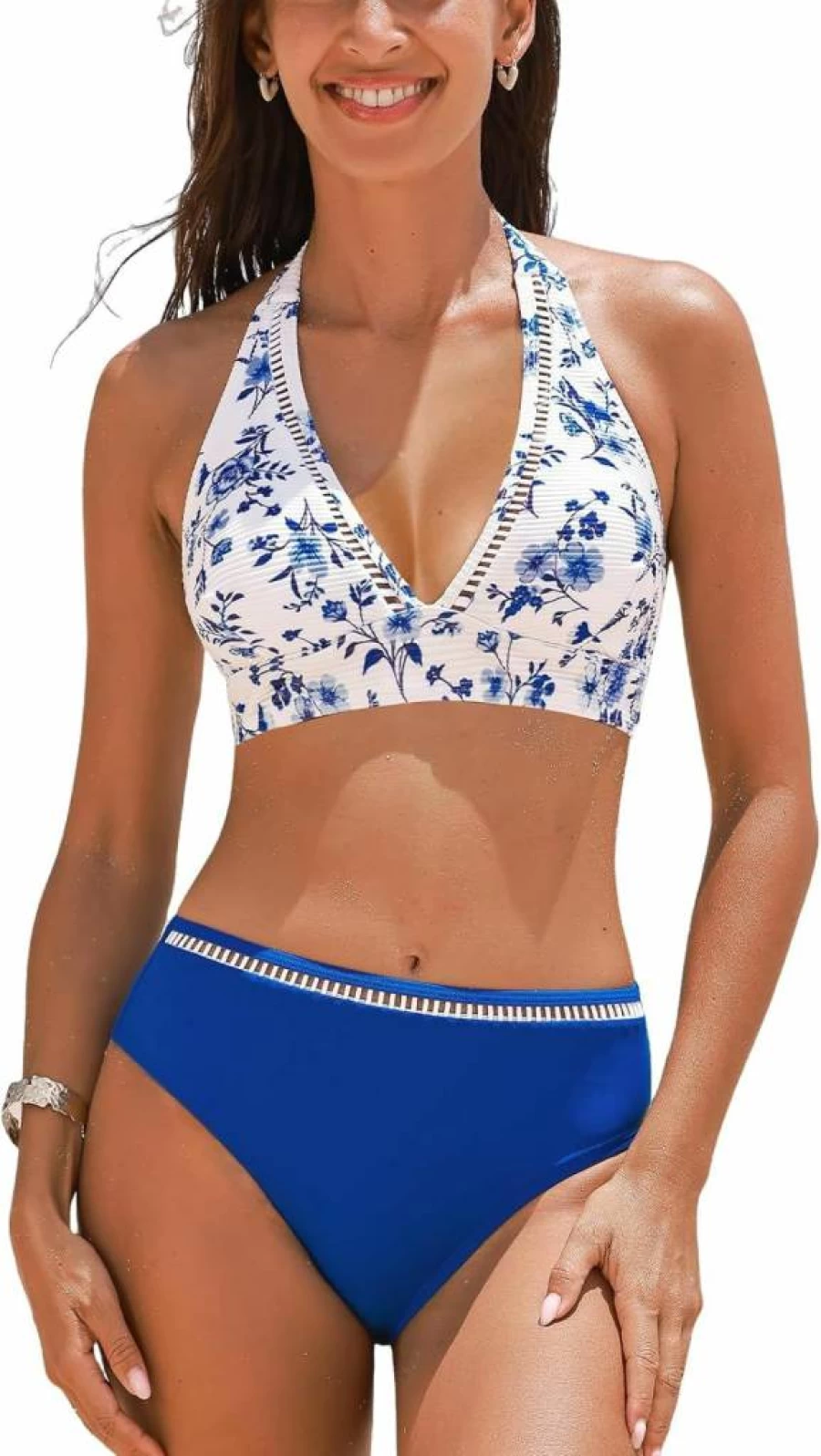CUPSHE Women's High Waisted Bikini Set - Two Piece Halter Swimsuit with Self Tie Back, V Neck Design & Textured Hollow Out Details