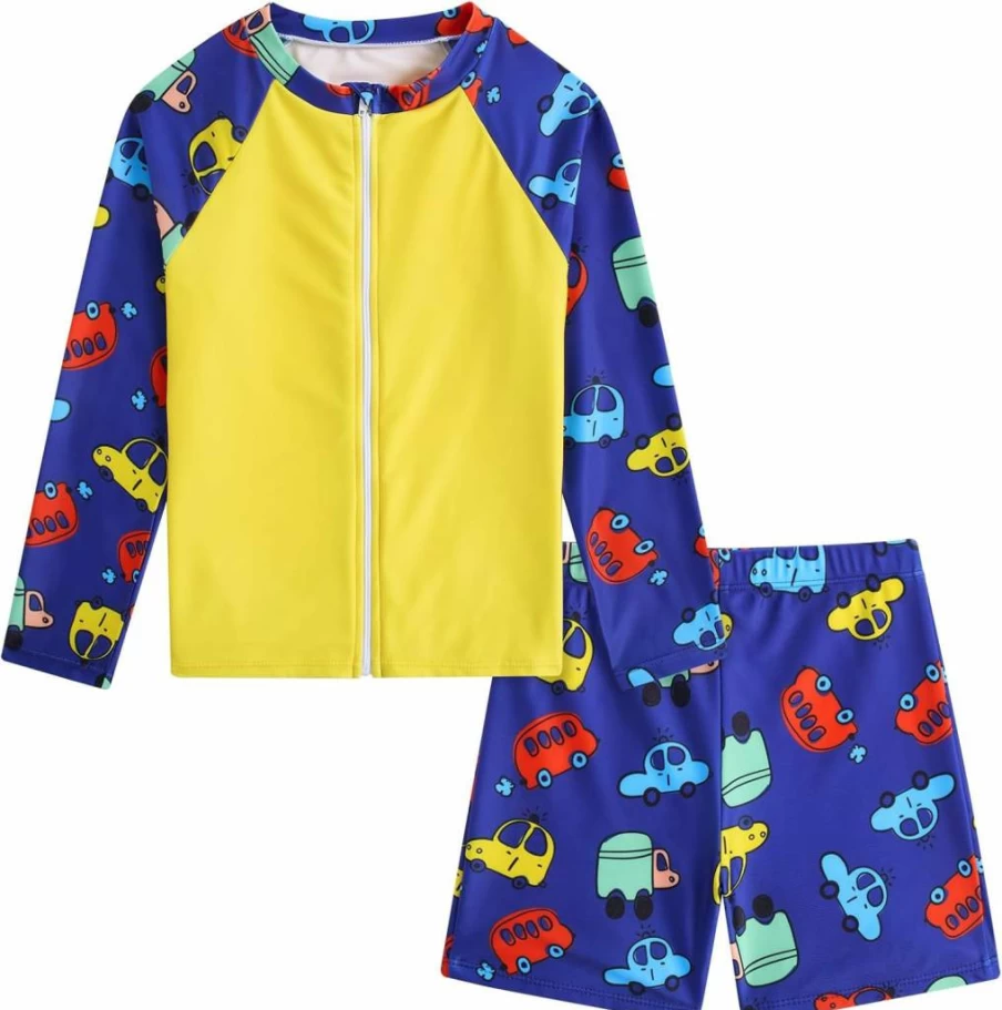 SunFocus UPF 50+ Boys Rash Guard Swim Set with Zip-Up Shirt & Quick-Dry Shorts for Ages 3-9 Years