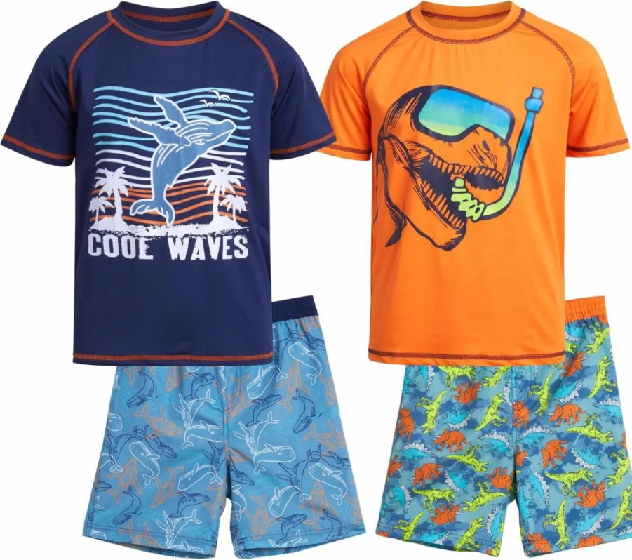 Quad Seven Boys 4-Piece Rash Guard Swim Set - Short Sleeve UPF 50+ Swimwear for Kids Ages 5-12 (Blue/Black) - Quick Dry Bathing Suit for Pool & Beach
