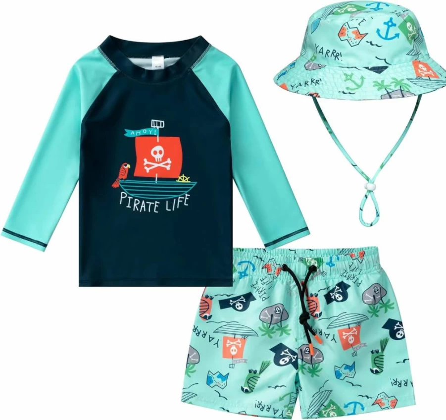 FunnyPaja Baby Boys' UPF 50+ Rash Guard Swim Sets - 3-Piece Swimwear with Sun Hat for Toddlers & Infants