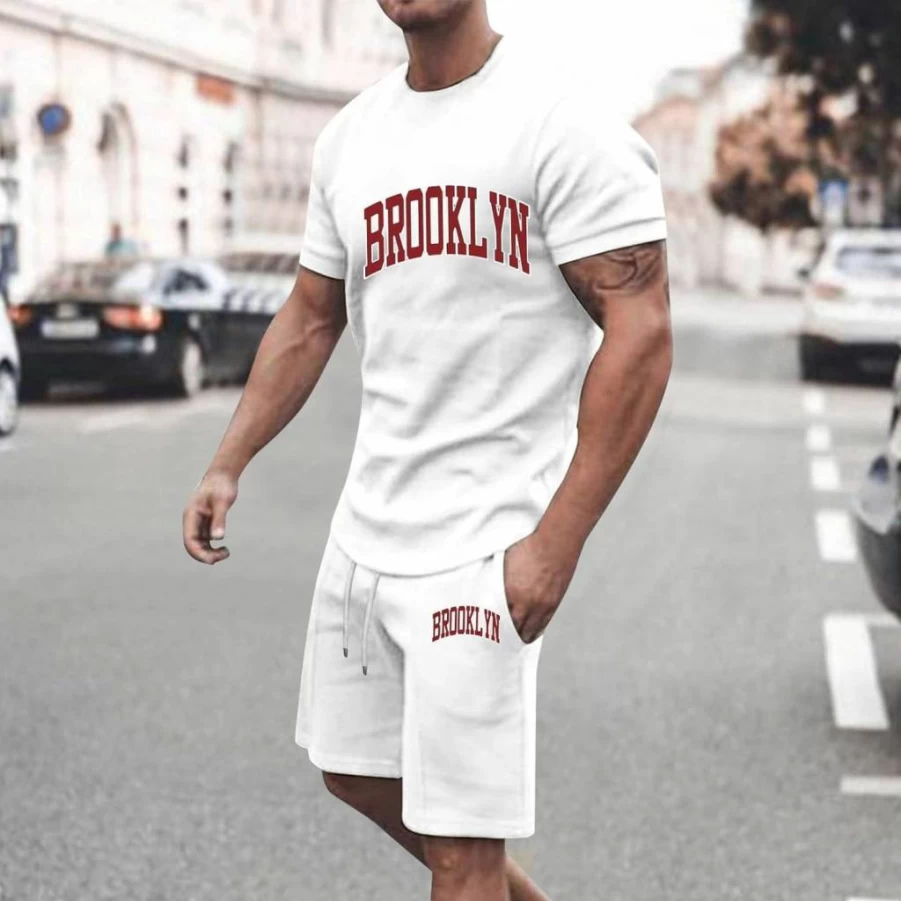 2024 Men's Summer Casual 2-Piece Outfit - Short Sleeve Letter Print T-Shirt & Slim Pinstripe Suit Jacket Set