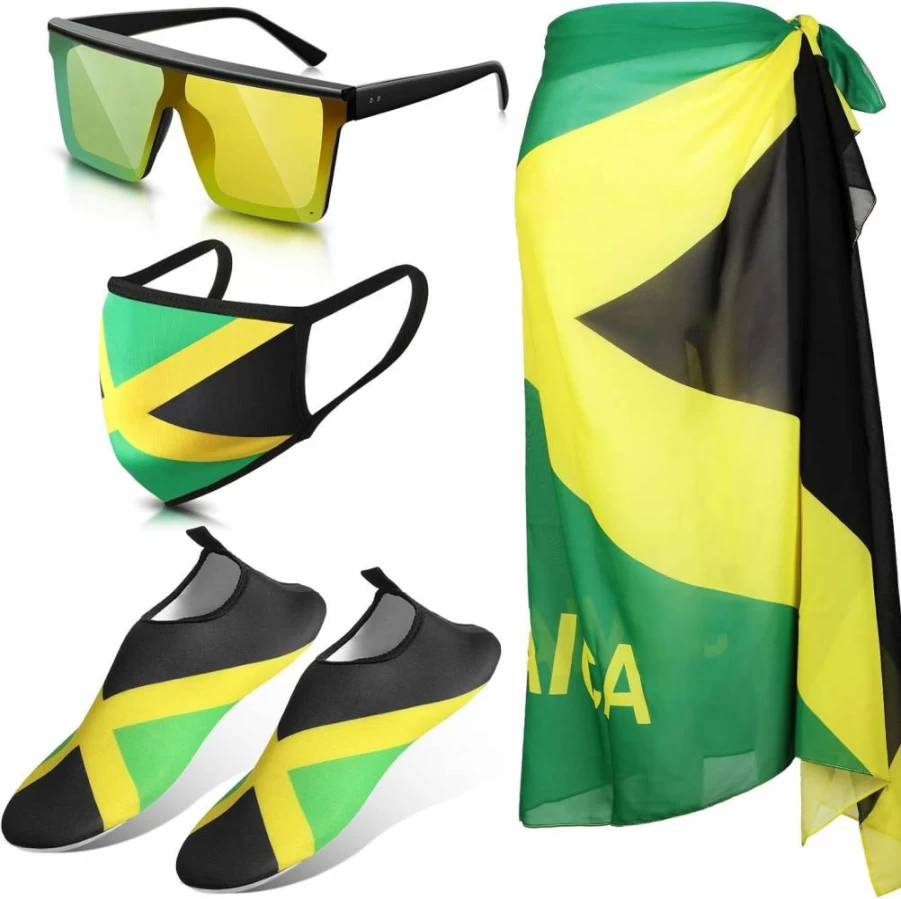 Yahenda 4-Piece Women's Jamaican Swimsuit Set - Black Sarong, Water Shoes, Snorkel Mask & Sunglasses for Beach Vacation