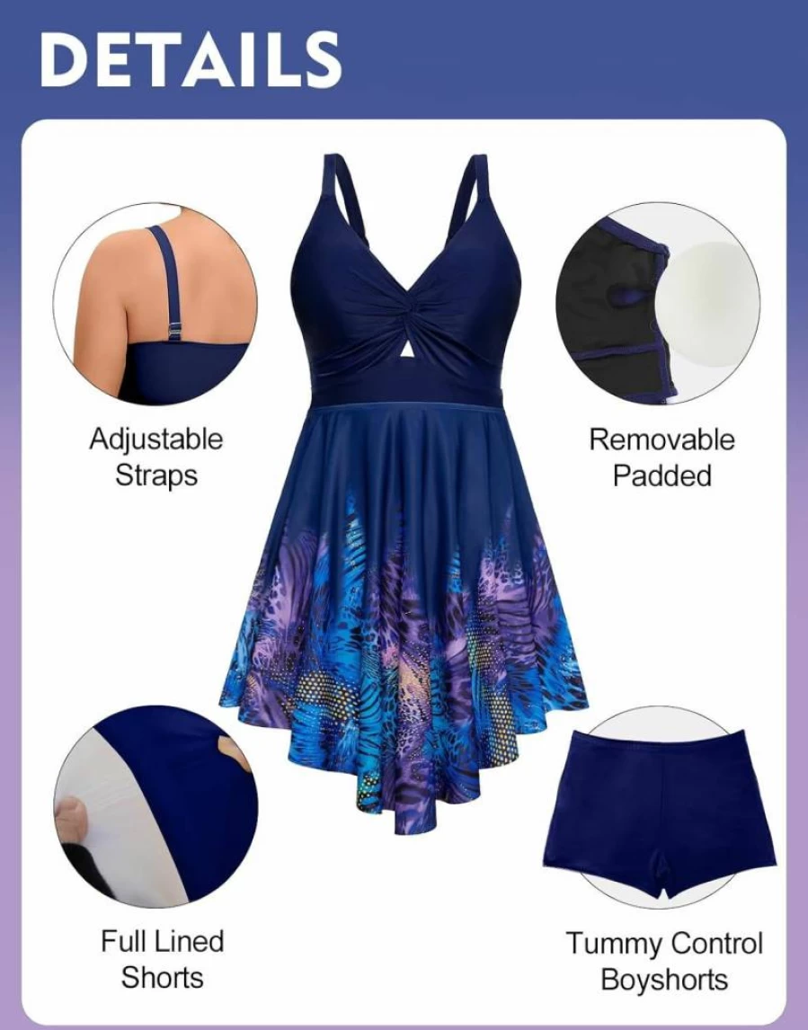 Arolina Women's Plus Size Tummy Control Swim Dress Two-Piece Tankini Set with Flowy Shorts