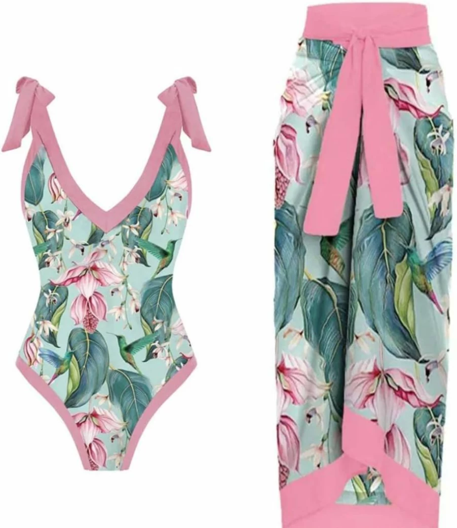 YUNAR Women's Retro Deep V Monokini Swimsuit & Sarong 2-Piece Beach Set