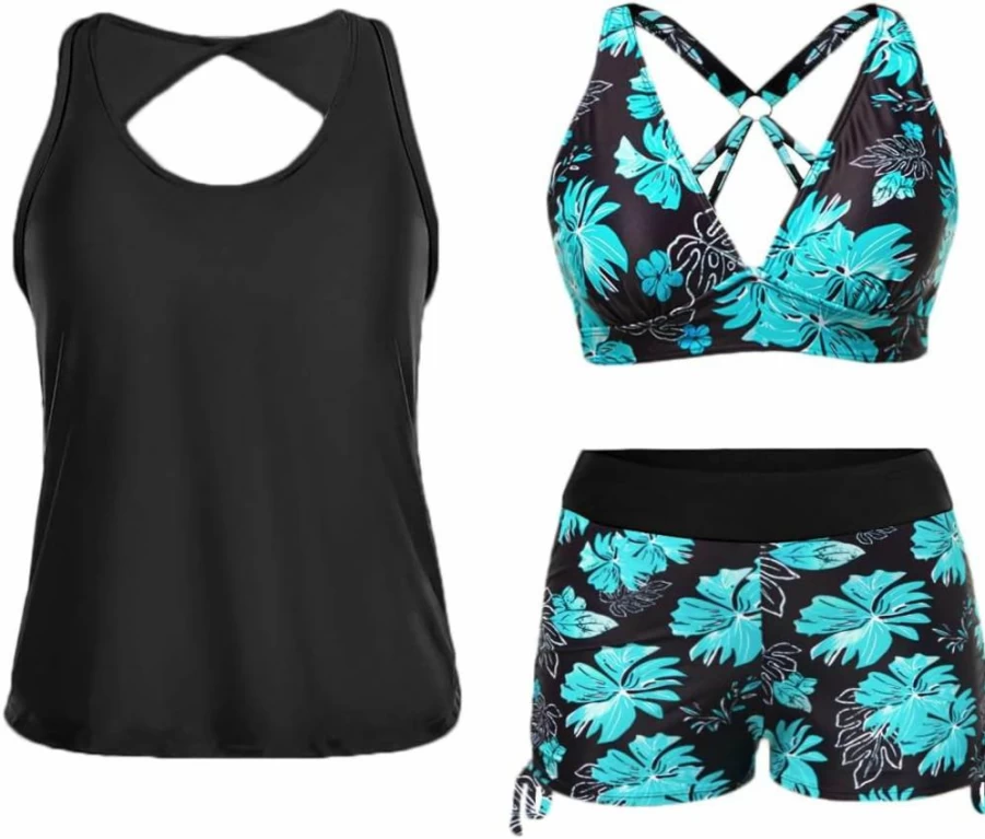 Yonique Women's 3-Piece Athletic Tankini Swimwear Set - Swim Tank Top, Boy Shorts & Sports Bra Bathing Suits