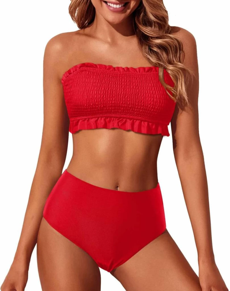 Tempt Me Women's Strapless Bandeau Bikini Set - High Waisted Smocked Two Piece Swimsuit