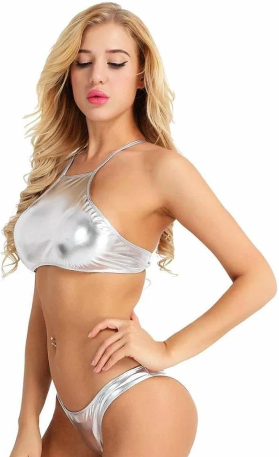 DINGGUANGHE-CUP Men's Shiny Sky Blue Thong Underwear & Women's Strappy Bikini Set - Beachwear Lingerie Briefs Large Size Crop Top