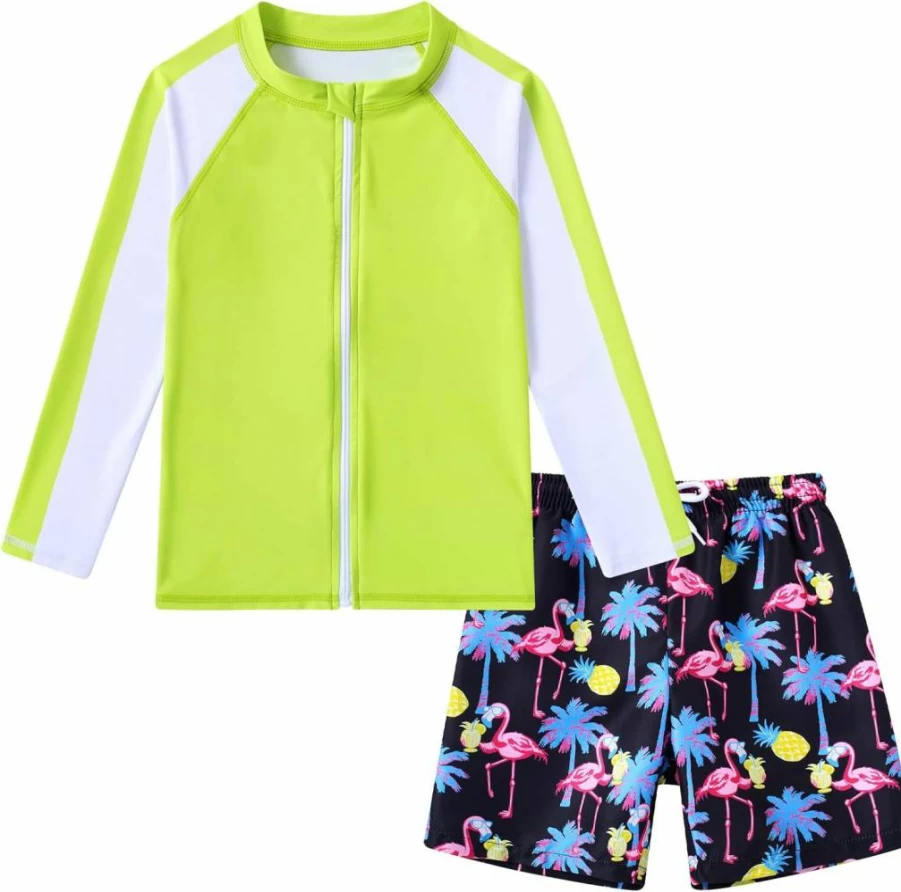 SunFocus Boys' Long Sleeve Rash Guard Swim Set with Zipper – UPF 50+ Swimsuits for Kids Ages 4-12 Years