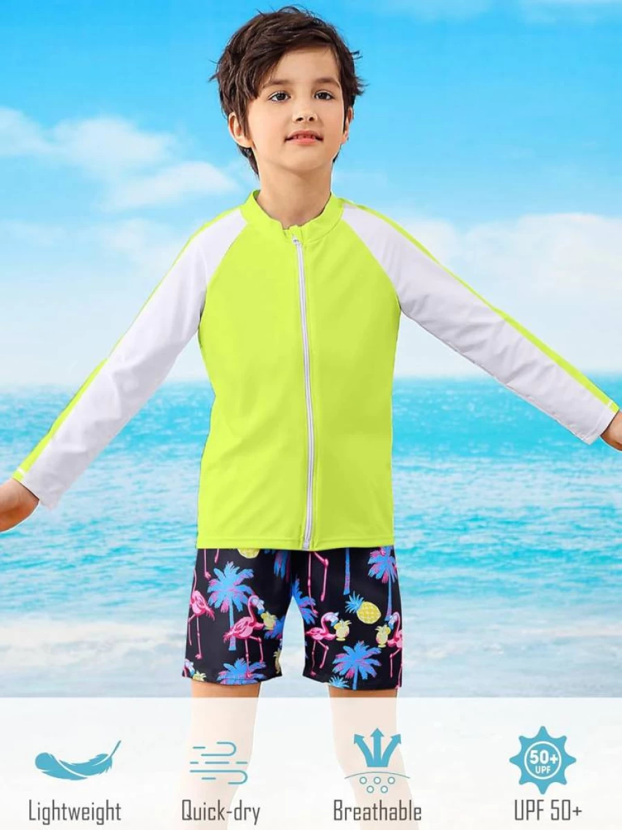SunFocus Boys' Long Sleeve Rash Guard Swim Set with Zipper – UPF 50+ Swimsuits for Kids Ages 4-12 Years