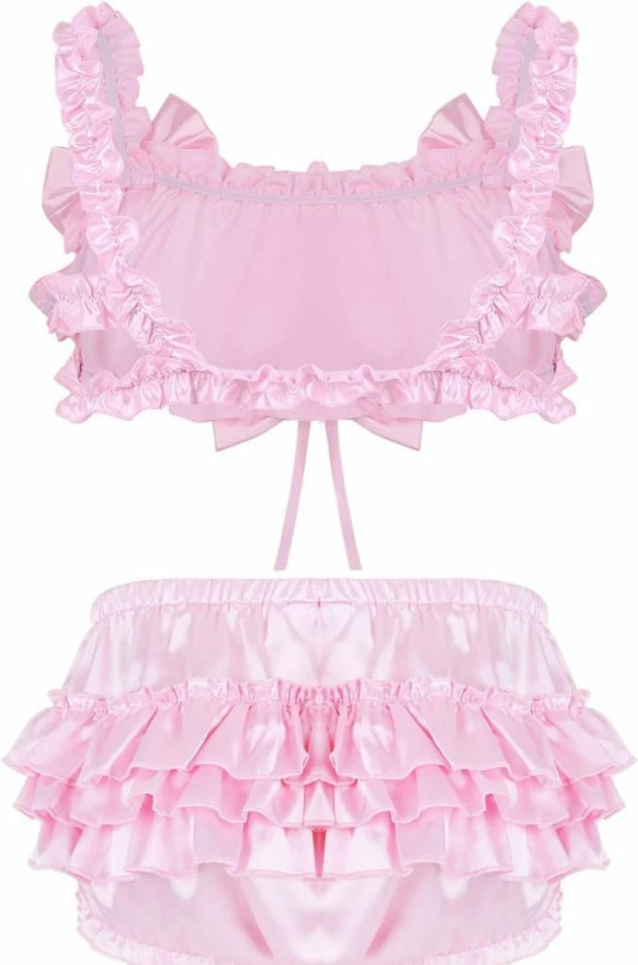 JEATHA Men's Satin Bikini Bra & Panty Set - Wire-Free Crop Top with Pouch - Crossdress Skirted Nightwear Lingerie