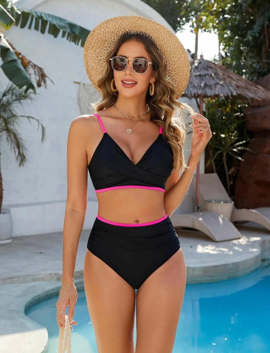 Edelqual Women's High Waisted Tummy Control Bikini Set - V Neck Two Piece Swimsuit 2025