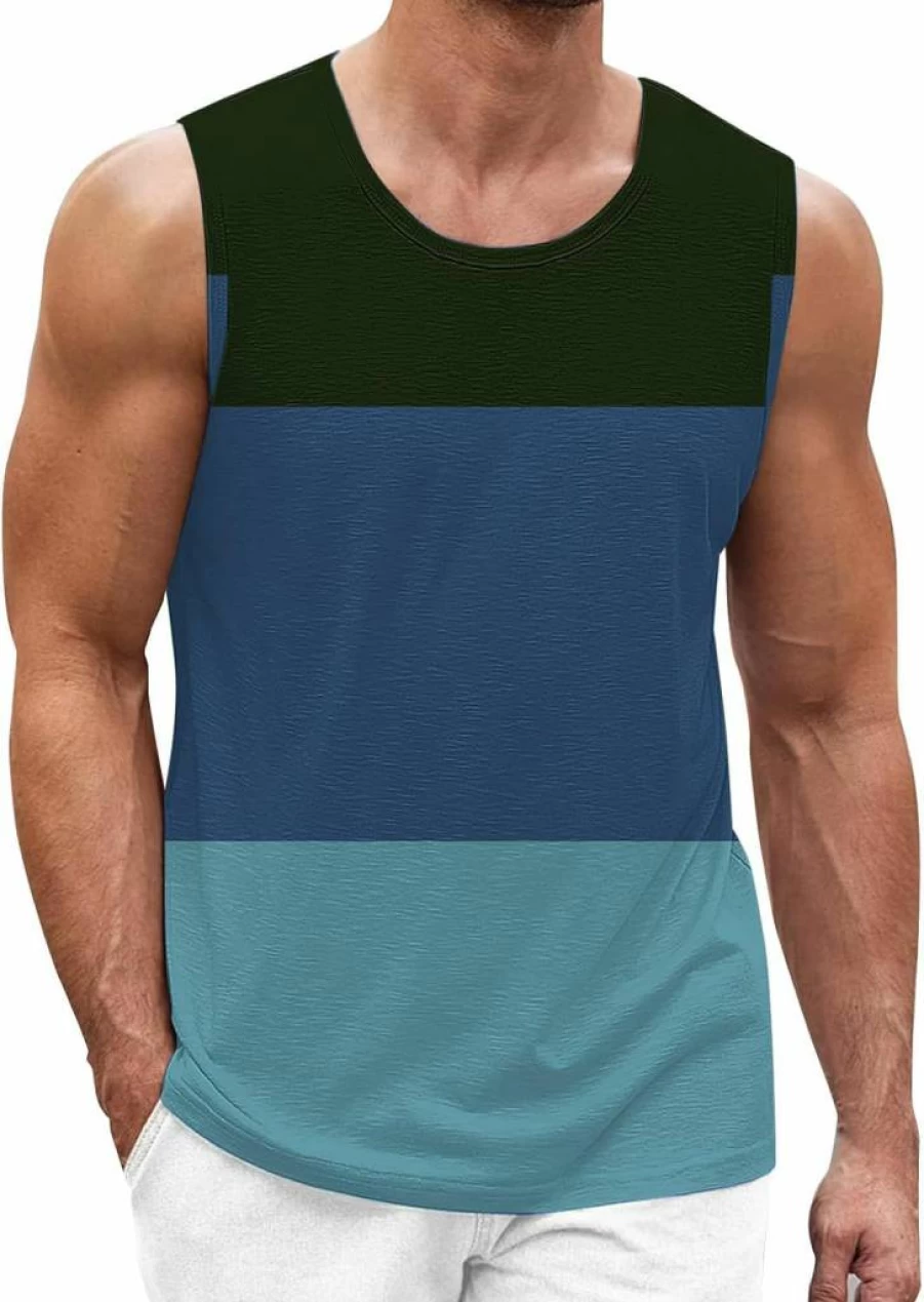 Men's Color Block Cotton Vest - Casual Round Neck Tee for Home & Leisure Fashion