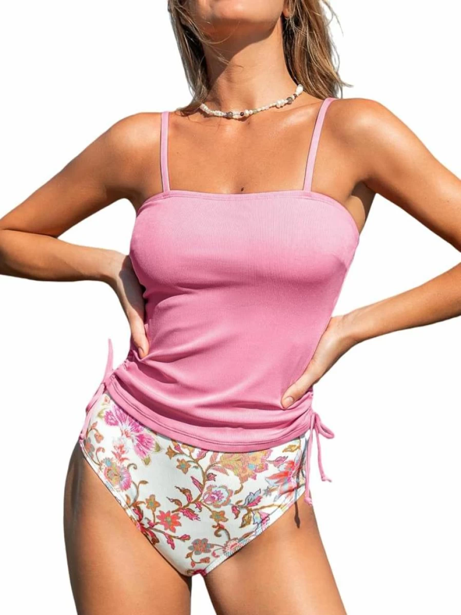 CUPSHE Women's High Waisted Tankini Set - Ruched Drawstring Two Piece Swimsuit for Women