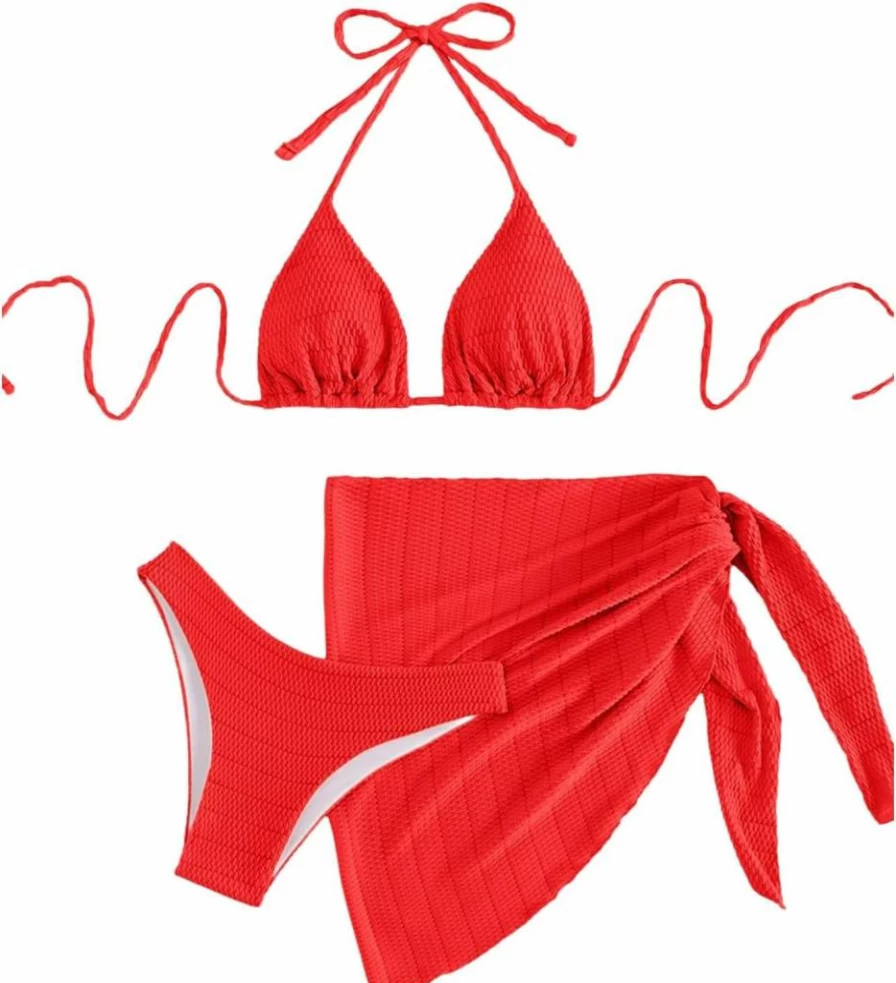 SHENHE Women's High Cut Triangle Bikini Set - 3 Piece Halter Swimsuit with Textured Design & Cover Up