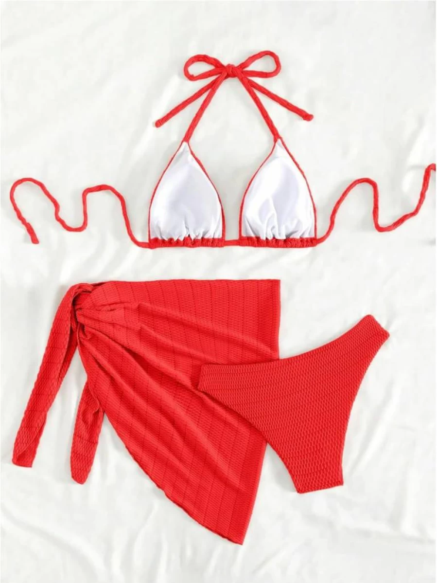 SHENHE Women's High Cut Triangle Bikini Set - 3 Piece Halter Swimsuit with Textured Design & Cover Up