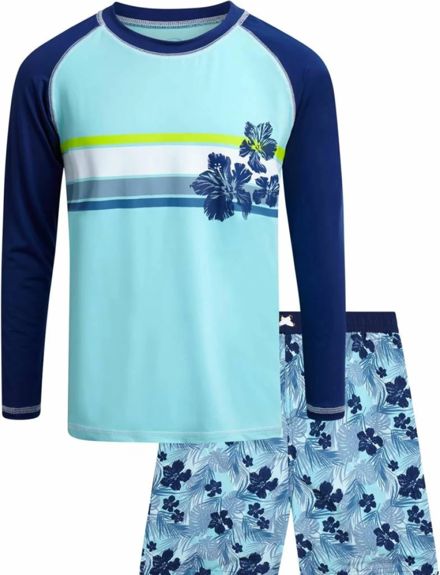 Quad Seven Boys Long Sleeve Rash Guard Swimwear Set - UPF 50+ Sun Protection Swim Suit for Kids (Sizes 5-12)