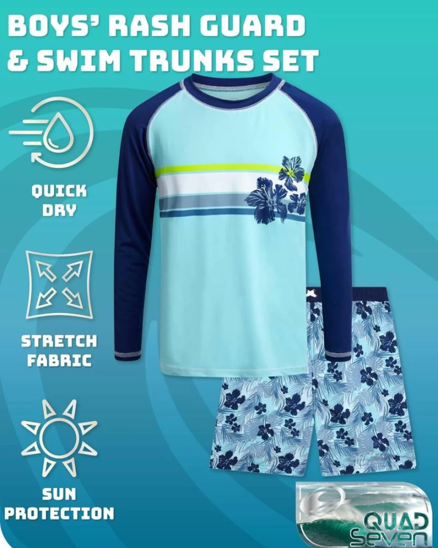 Quad Seven Boys Long Sleeve Rash Guard Swimwear Set - UPF 50+ Sun Protection Swim Suit for Kids (Sizes 5-12)