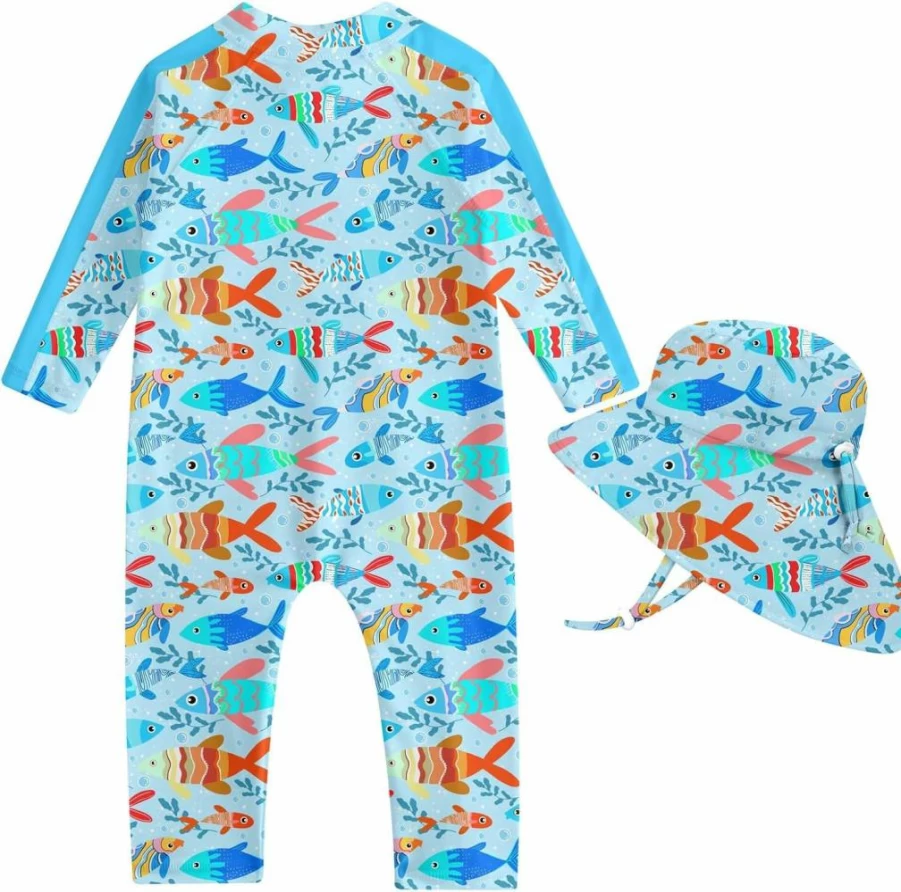 UNIFACO Baby Boy UPF 50+ Sun Protection One-Piece Swimsuit with Zip & Sun Hat - Infant Swimwear for Beach & Pool