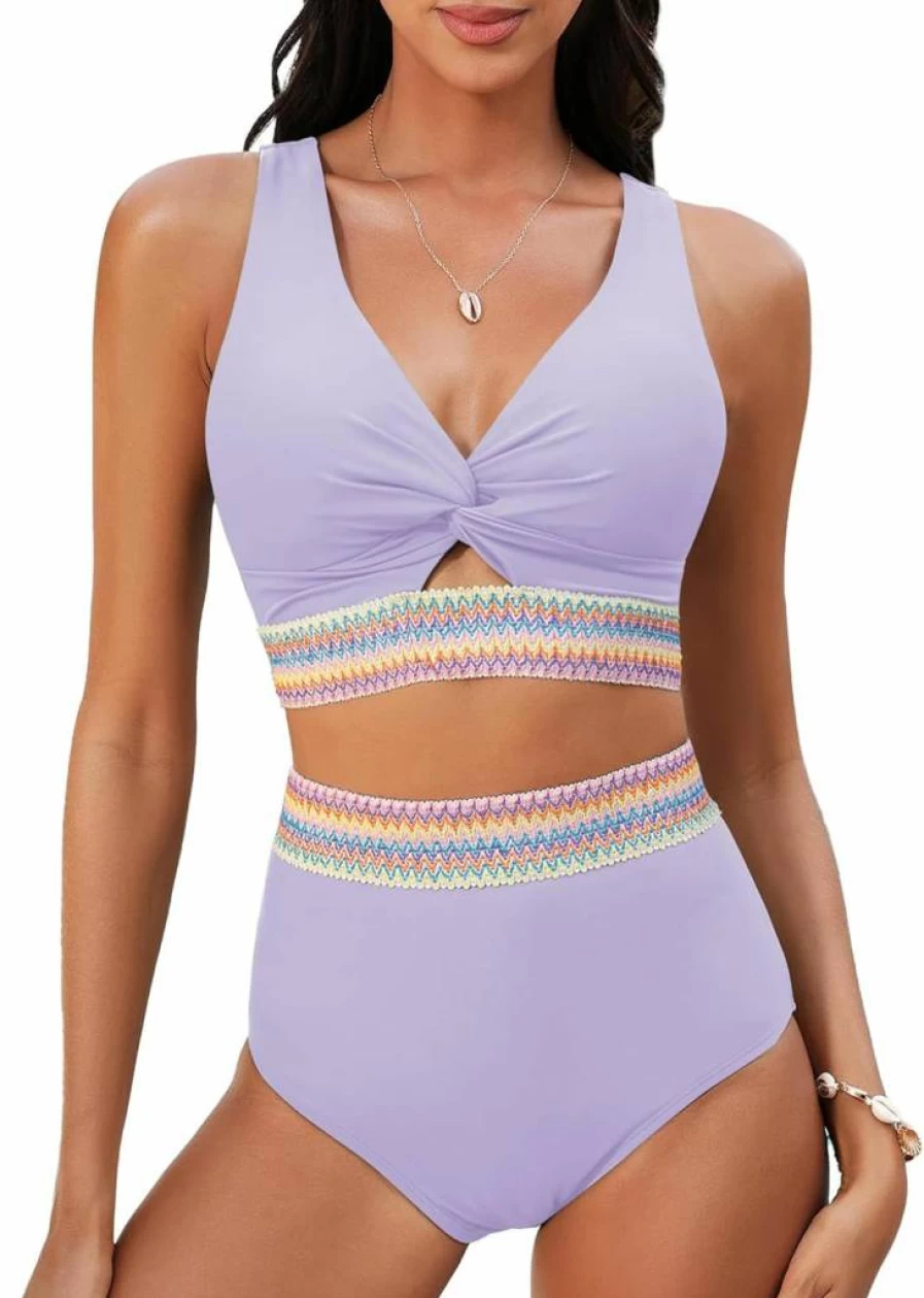 GRAPENT Women's High Waisted Bikini Set - Padded Two Piece Swimsuit with Knot Twist & Cut Out Design, Color Block Bathing Suit