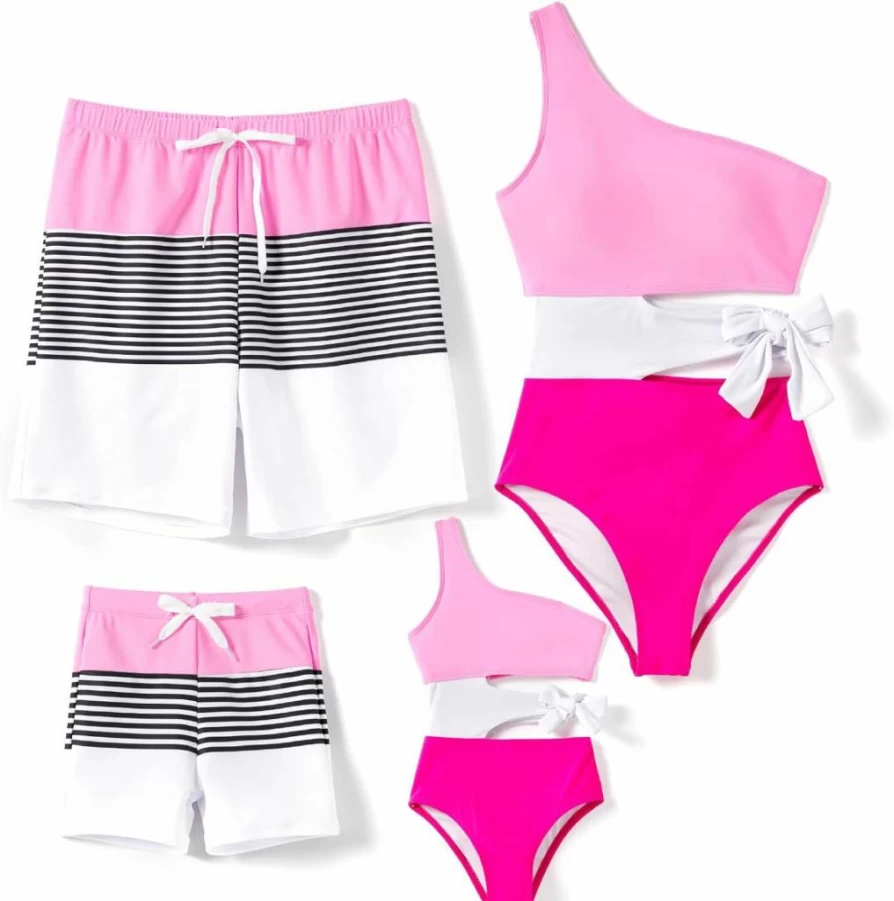 PATPAT Mommy and Me Matching One Shoulder Colorblock Swimsuits - Family One Piece Bathing Suits Set