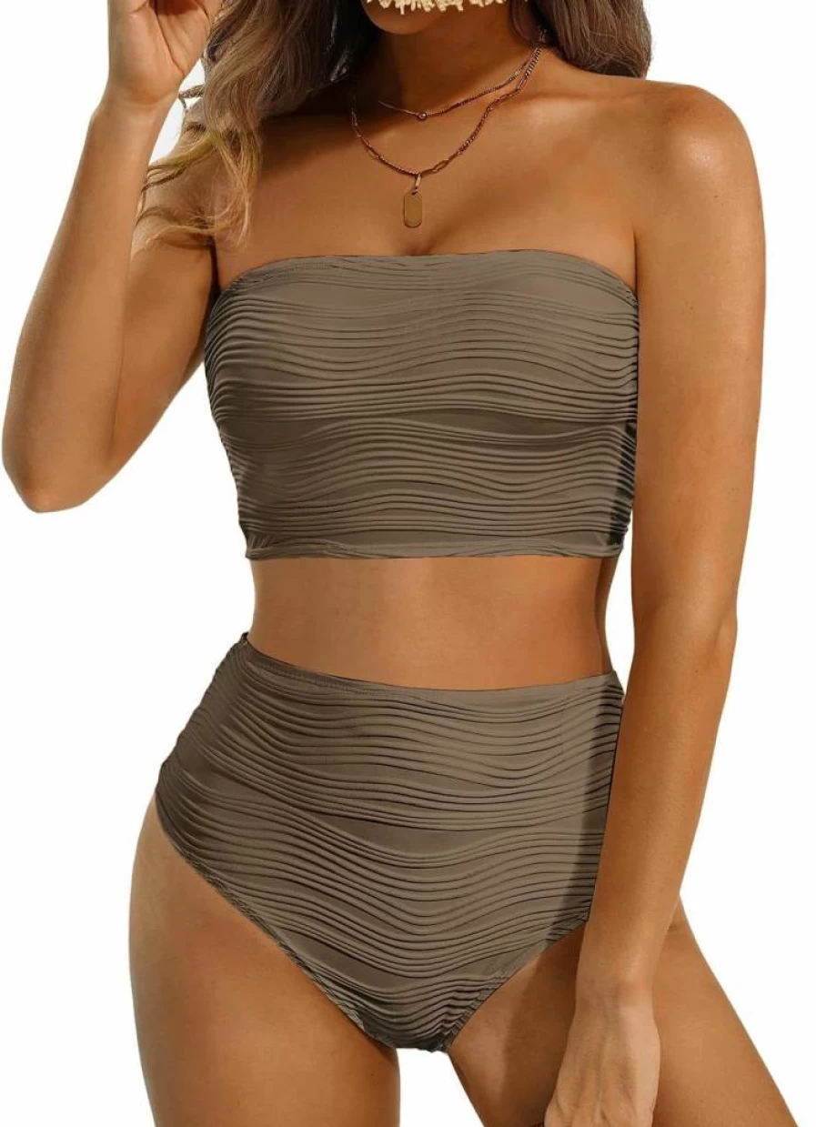 Talisea Women's High Waisted Bikini Set - Strapless Ribbed Two Piece Swimwear Longline Full Coverage Bathing Suit