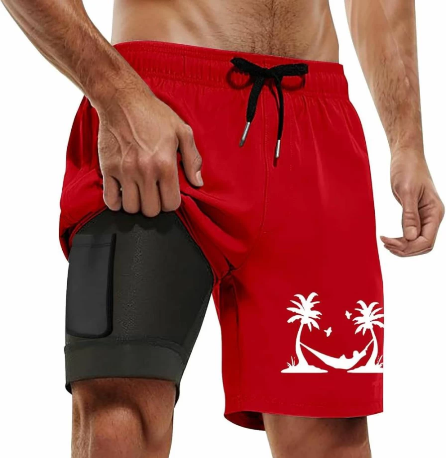 Men's Quick-Dry Swim Trunks with Compression Liner & Drawstring - Beach Board Shorts with Pockets