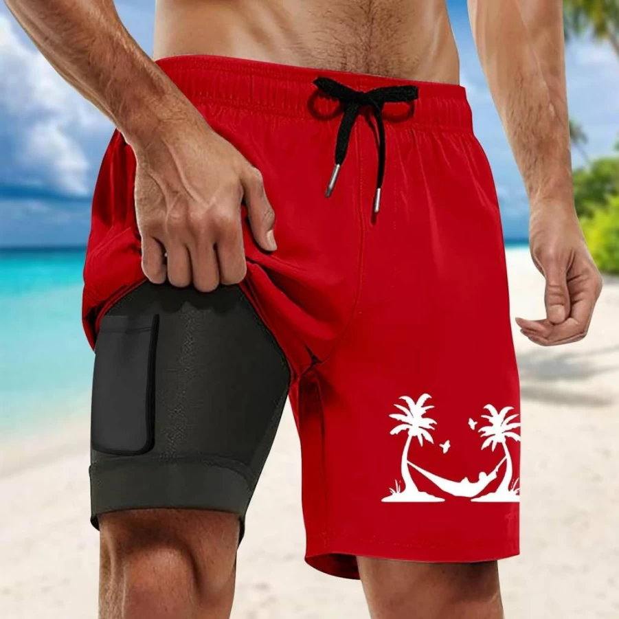 Men's Quick-Dry Swim Trunks with Compression Liner & Drawstring - Beach Board Shorts with Pockets