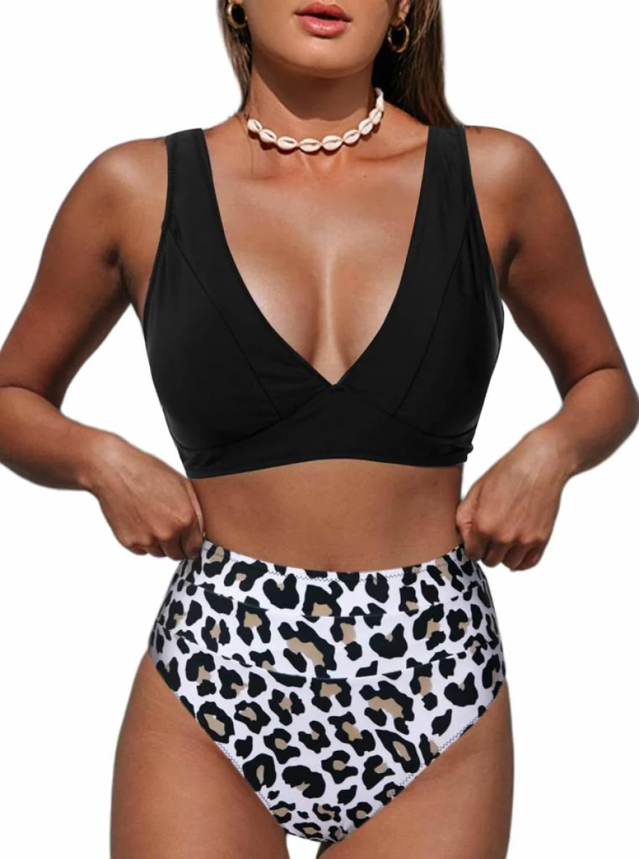 Hilinker Women's High Waisted Bikini Set - V Neck Leopard Print 2 Piece Swimwear Bathing Suits
