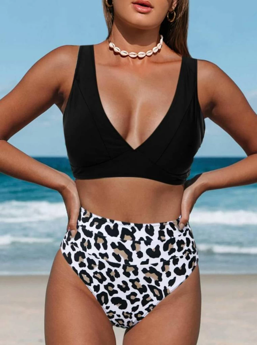 Hilinker Women's High Waisted Bikini Set - V Neck Leopard Print 2 Piece Swimwear Bathing Suits