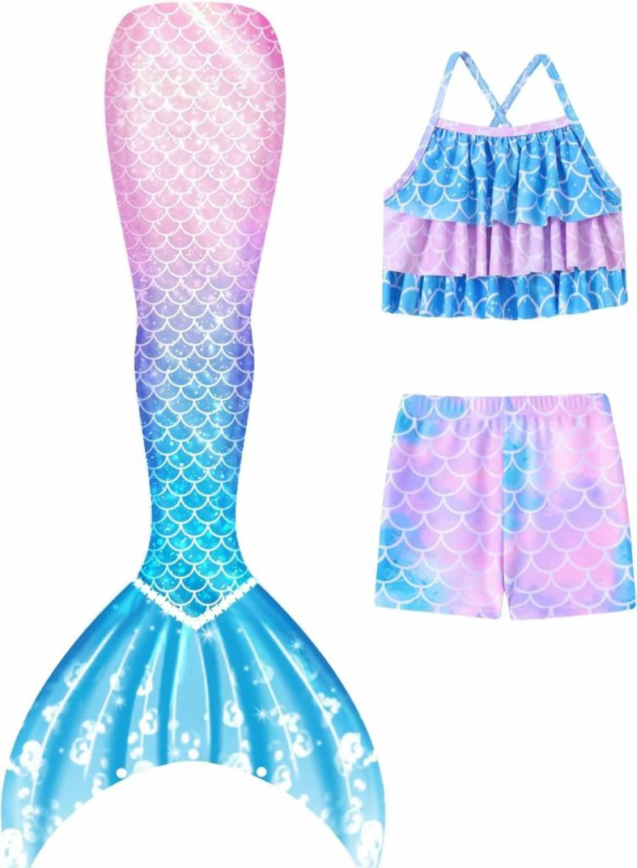 Ghteas Girls 3 Piece Mermaid Tankini Swimsuit Set with Ruffle Top, Shorts & Fish Tail Swimwear for Kids