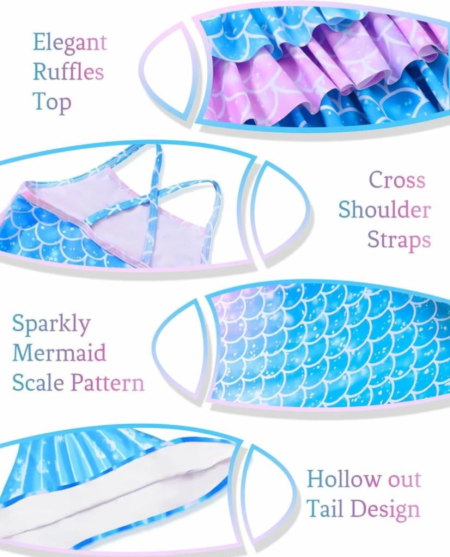 Ghteas Girls 3 Piece Mermaid Tankini Swimsuit Set with Ruffle Top, Shorts & Fish Tail Swimwear for Kids
