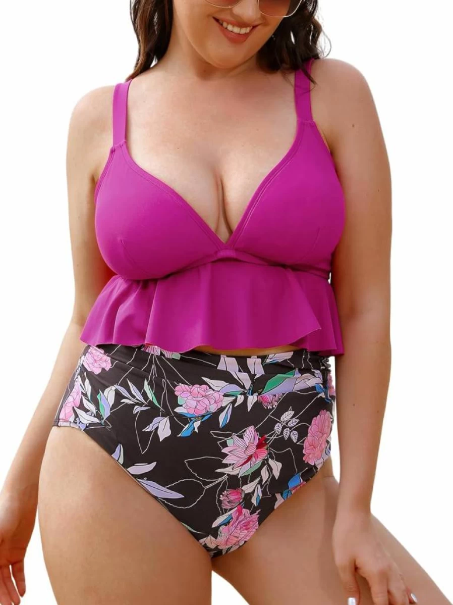 CUPSHE Women's Plus Size Floral Bikini Set - High Waisted V Neck Two Piece Swimsuit with Flowy Ruffle Hem Bathing Suit