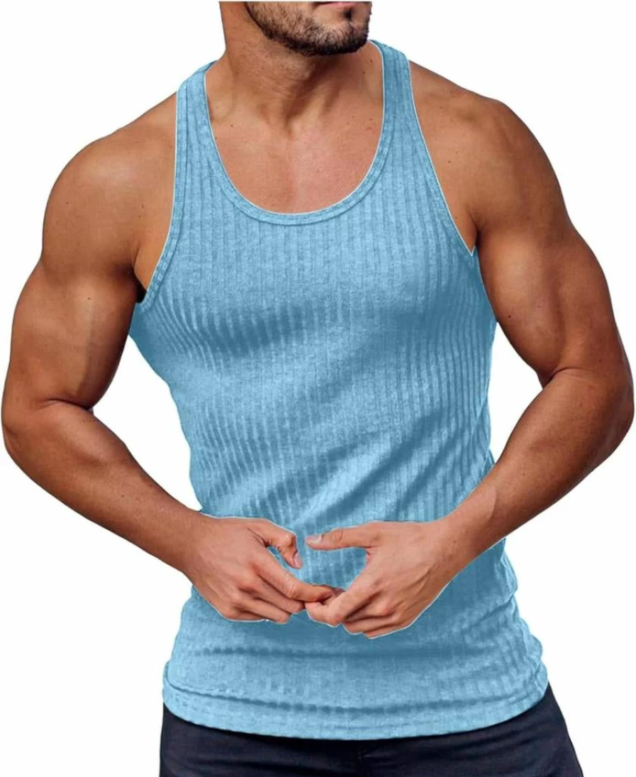 Generic Men's Summer Knitted Fitness Vest - Slim Fit Long Sleeve Striped Athletic Shirt for Workouts & Sports