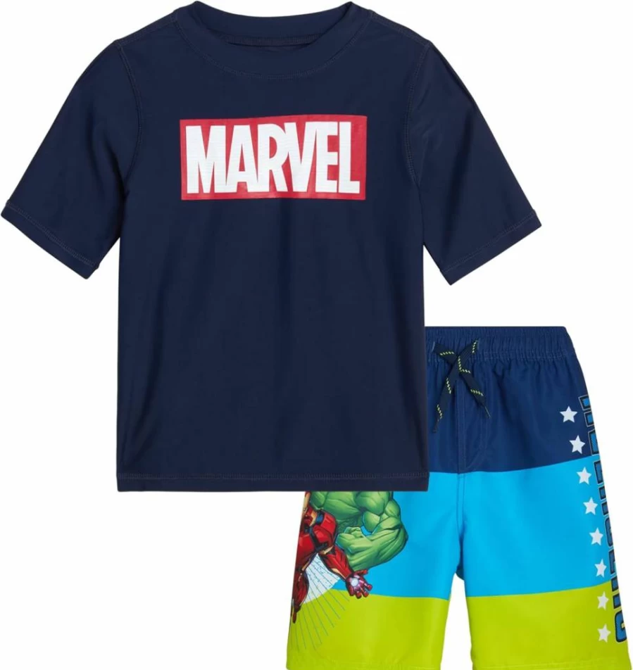 Marvel Avengers Boys UPF 50+ Swim Set - Short Sleeve Rash Guard & Swim Trunks (2T-12 Years)