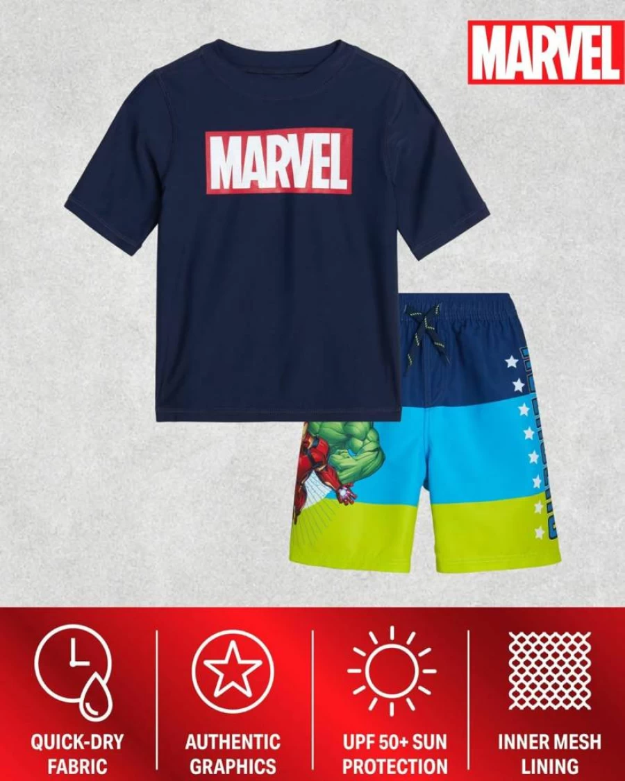 Marvel Avengers Boys UPF 50+ Swim Set - Short Sleeve Rash Guard & Swim Trunks (2T-12 Years)