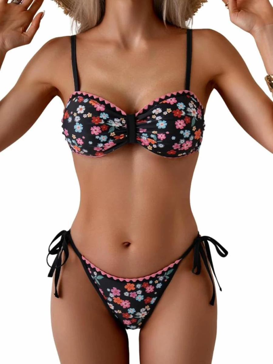 B2Prity Women's Sexy Color Block Bikini Set - Triangle Top & Side Tie Thong Swimsuit, Knot Detail Two Piece Swimwear