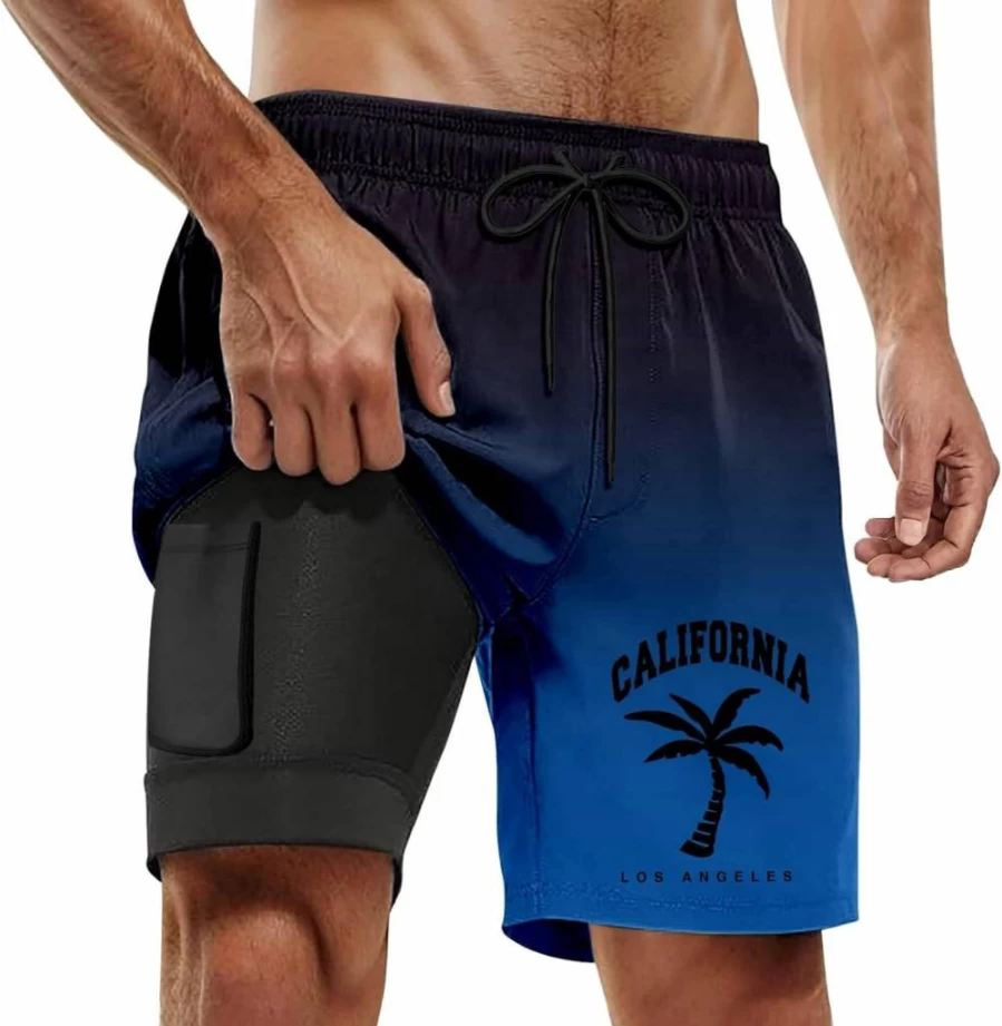 Men's Quick-Dry Swim Trunks with Compression Liner, California Print Bathing Suits, Drawstring Waist & Pockets for Comfort