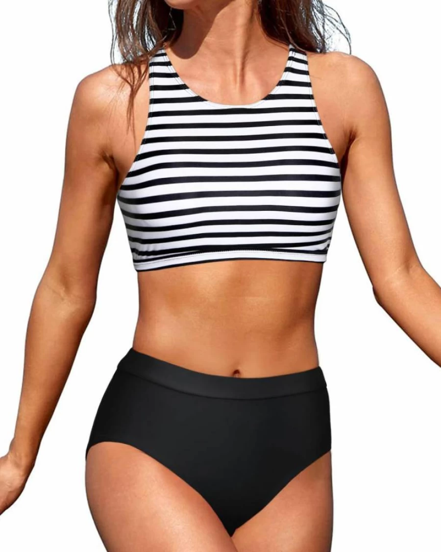 Tempt Me Women's High Waisted Sporty Bikini Set - High Neck Racerback Two Piece Swimwear for Teen Girls
