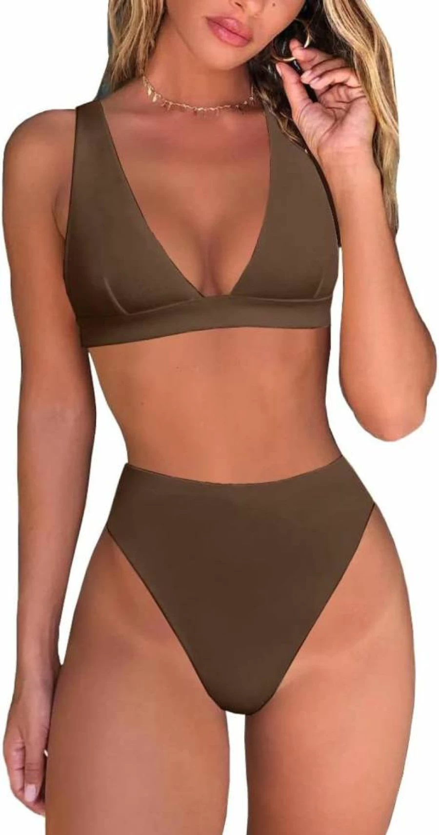 Fatty Tiger Women's Sexy High Waisted Brazilian Bikini Set - Deep V Neck Triangle Top Two Piece Swimsuit